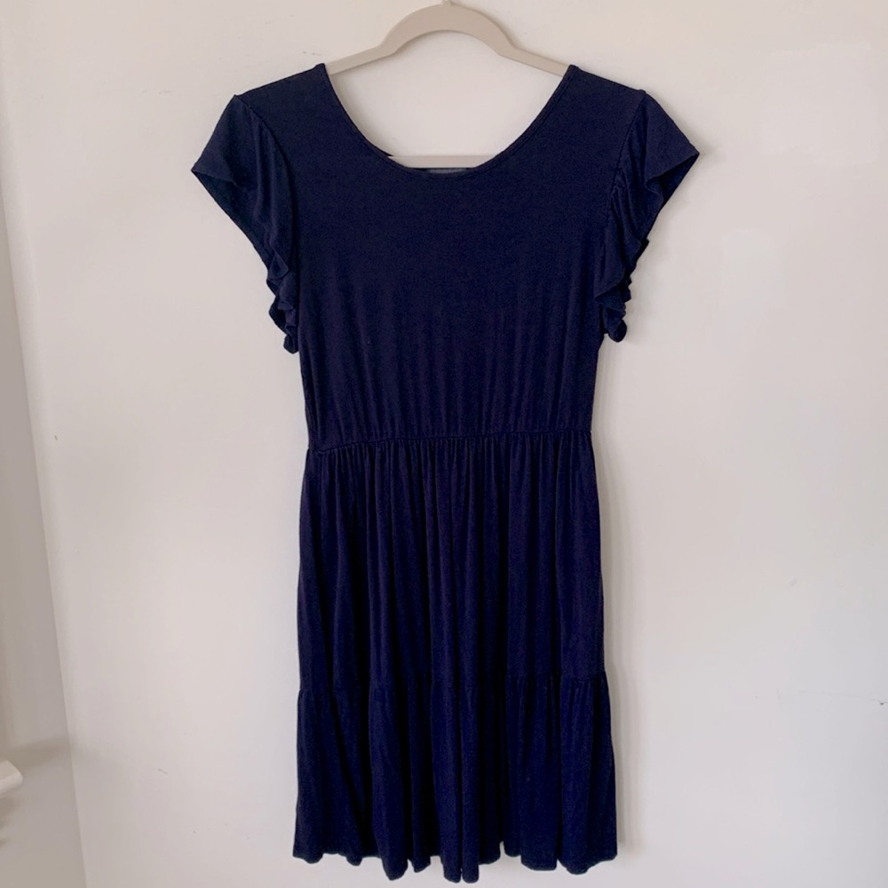 Olivia Rae navy Blue Casual Midi Sheath Dress  Flutter Sleeves and Scoop Neck